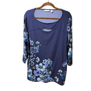 Susan Graver Navy Blue Floral Print Keyhole Neck 3/4 Sleeve Top Plus  1X Tunic